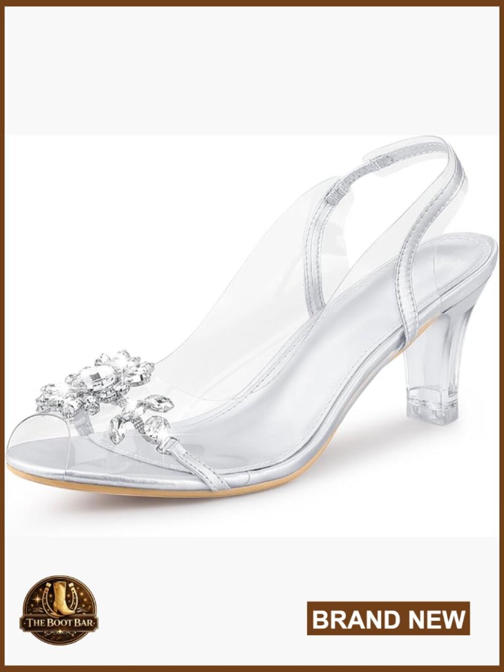 Peep Toe Clear Chunky Heel Sandals with Rhinestone Flower Slingback